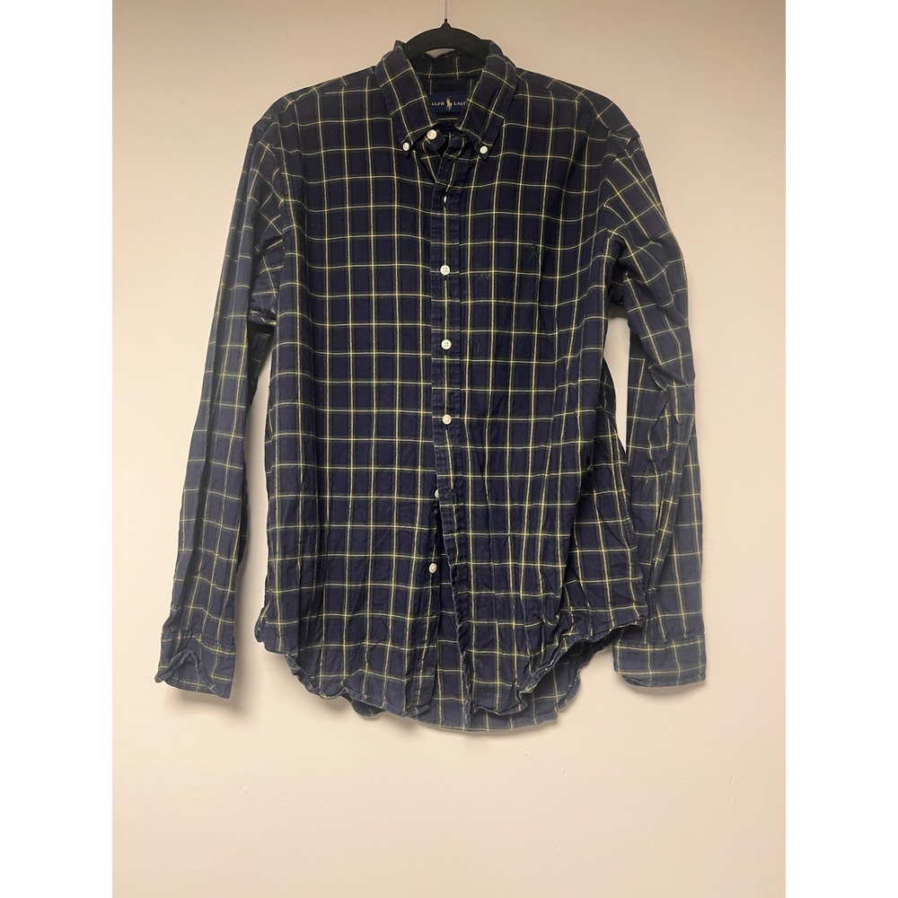 Ralph Lauren Button Down Shirt Mens L Navy Blue Excellent Windowpane Plaid